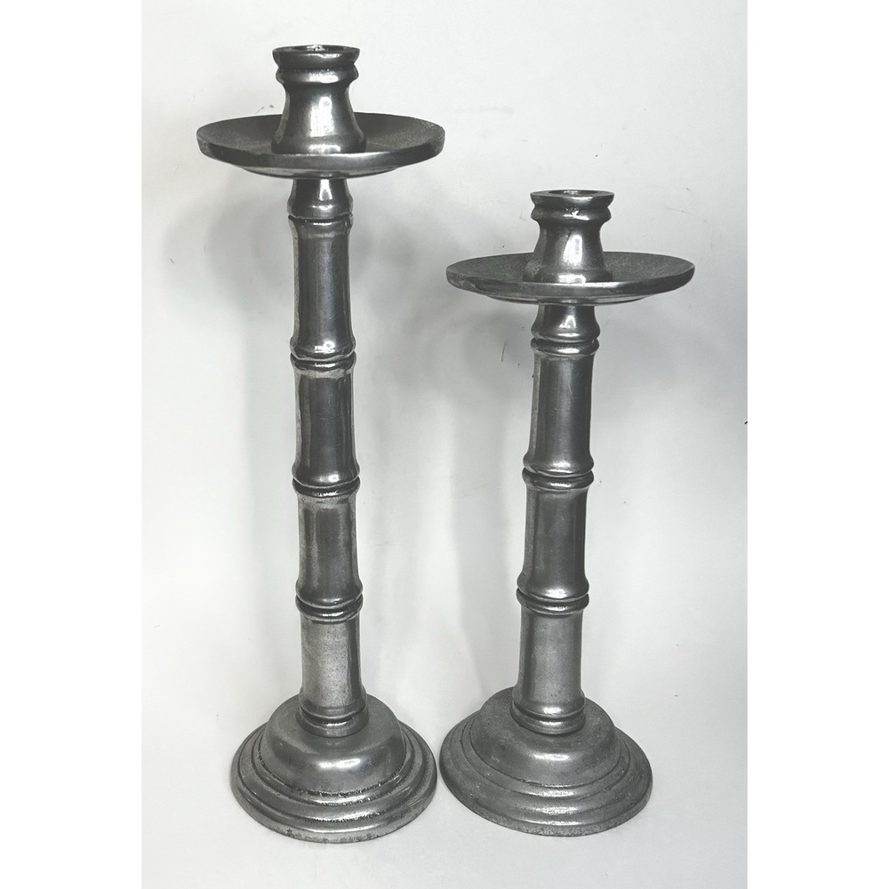 Vintage MCM Pewter Bamboo Candlesticks Set of 2 Silver Matte 14.5H & 12H